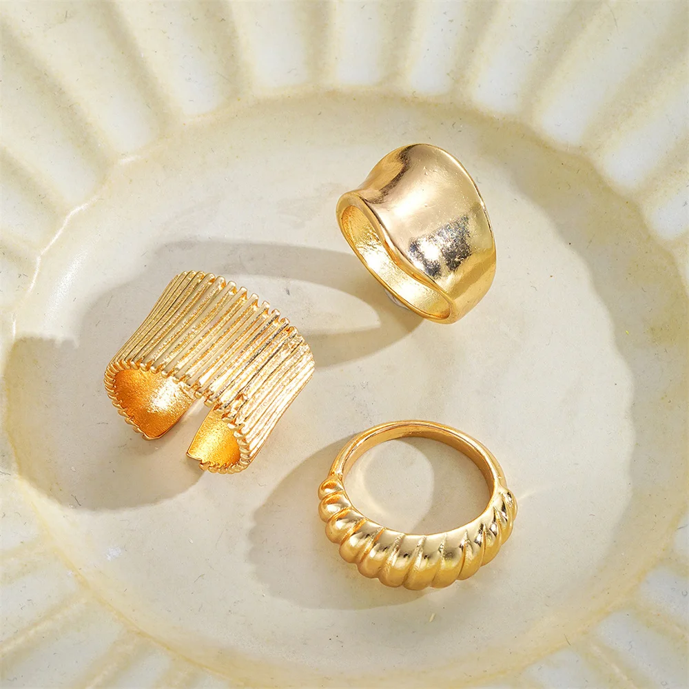 Hip Hop Irregular Geometric Alloy Spiral Ring Three Piece Set Gold Personalized Opening Adjustable Joint Ring Gifts For Women