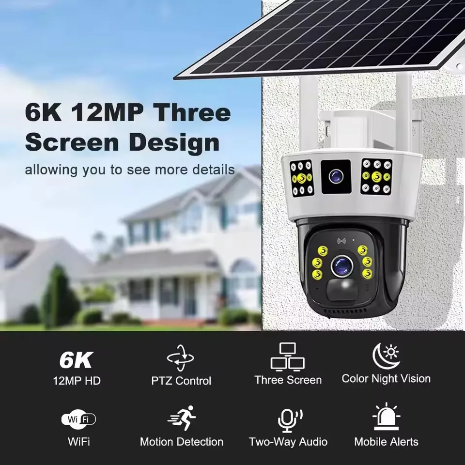 V380 3 Bildschirme 12 MP WIFI Solar Batteriebetriebene Kamera Sicherheitsschutz Outdoor CCTV