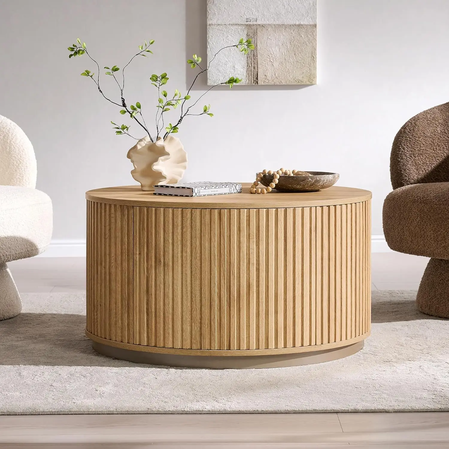 33" Round Coffee Table with Storage, Fluted Drum Coffee Table, Hidden Push-to-Open Drawer, Natural Oak, Custom