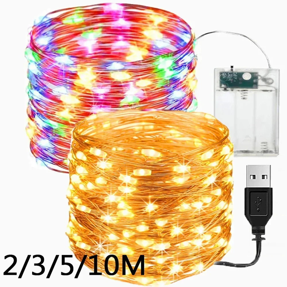 LED Fairy Lights Colorful Copper Wire USB Battery Powered Garland String Lights Waterproof Xmas Wedding Party Decors 2/3/5/10M