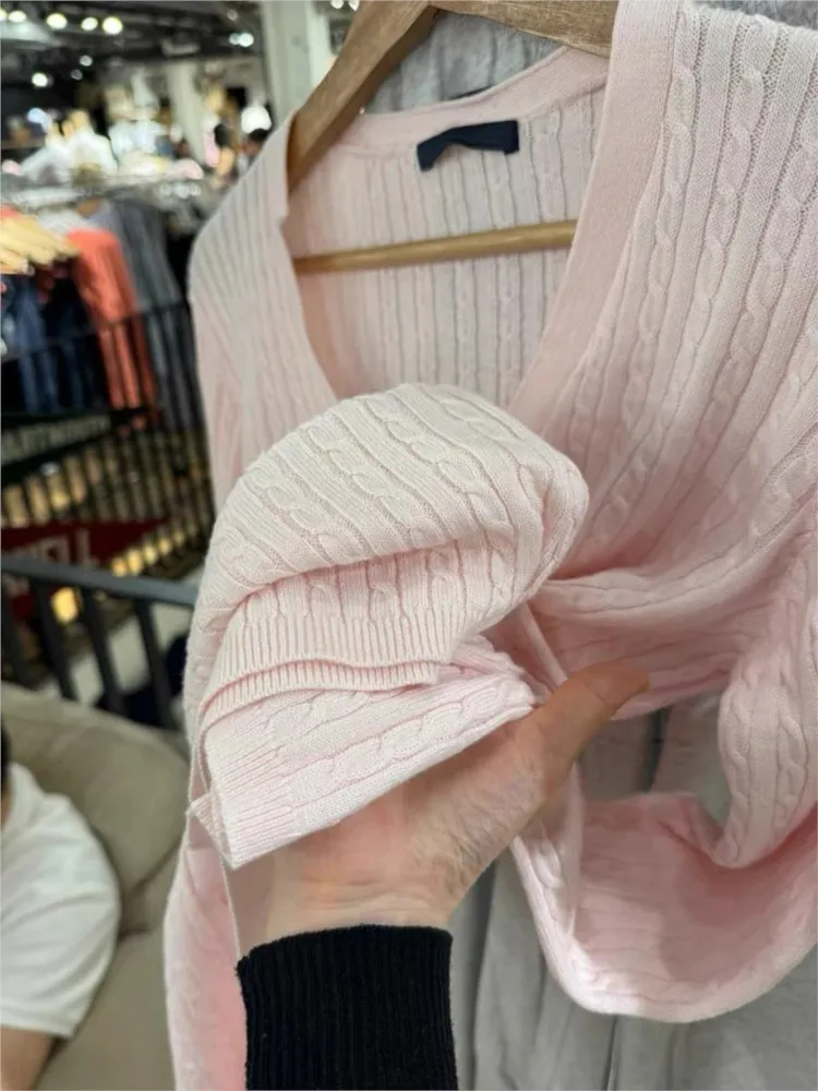 

Pink Twist Cotton Long Sleeve Knitted Cardigan Women Simple V-neck Casual Preppy Style Jumper Prepppy Style Sweet Sweater Top