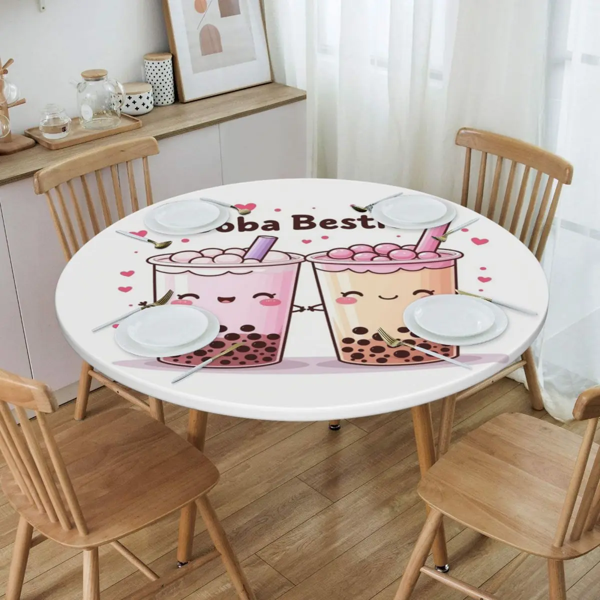 Boba Besties Cute Kawaii Bubble Tea Waterproof Round Tablecloth Oilproof Table Cloth for Kitchen Events Dining Table Cover