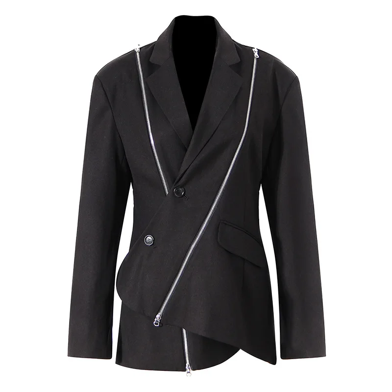 Irregular Dark Style Women Suit Splicing Notch Lapels Two Buttons Tops White Black Zipper Long Sleeve Blazer New Design In Stock