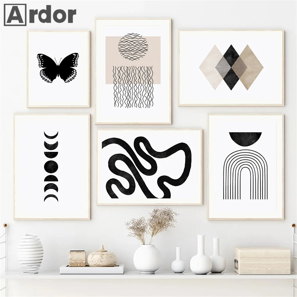 Abstract Geometric Line Black Beige Arch Line Posters Wall Art Canvas Painting Print Pictures Modern Living Room Home Decoration