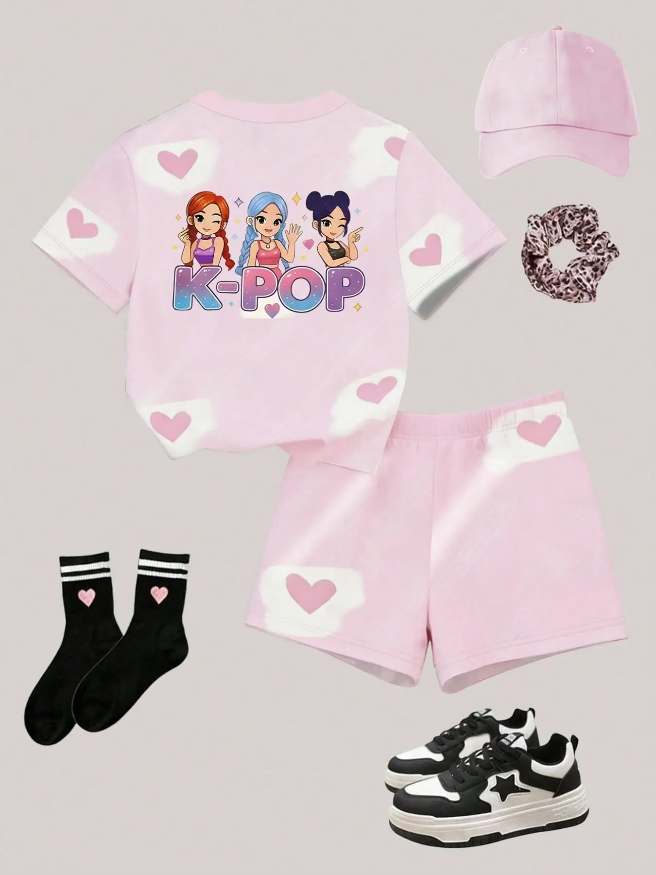 Girls' Summer Casual Outfit, Children's Printed Short-Sleeve Set, Girls' Heart and Cartoon Print Short-Sleeve T-Shirt + Shorts Two-Piece Set, Suitable for Girls over Three Years Old, Versatile Clothing