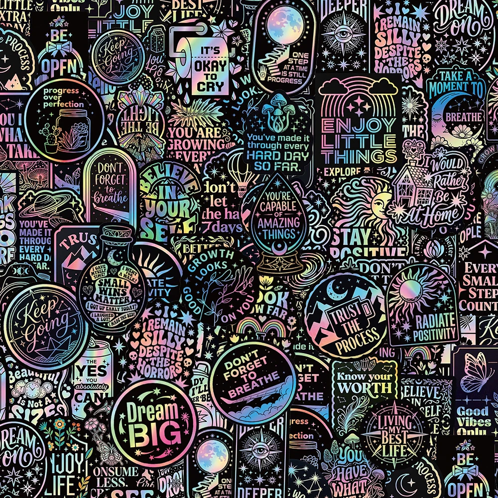 10/30/50/100pcs Laser Style Colorful Inspirational Graffiti Stickers Cute Motivational Phrases Decal Funny DIY Aesthetic Sticker