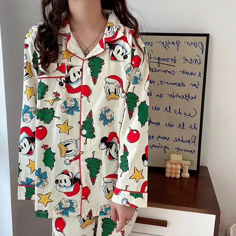 Setelan piyama katun wanita, Disney Mickey, Set piyama katun Kawaii, atasan lengan panjang Natal, celana longgar dua potong, setelan kartun imut Y2k