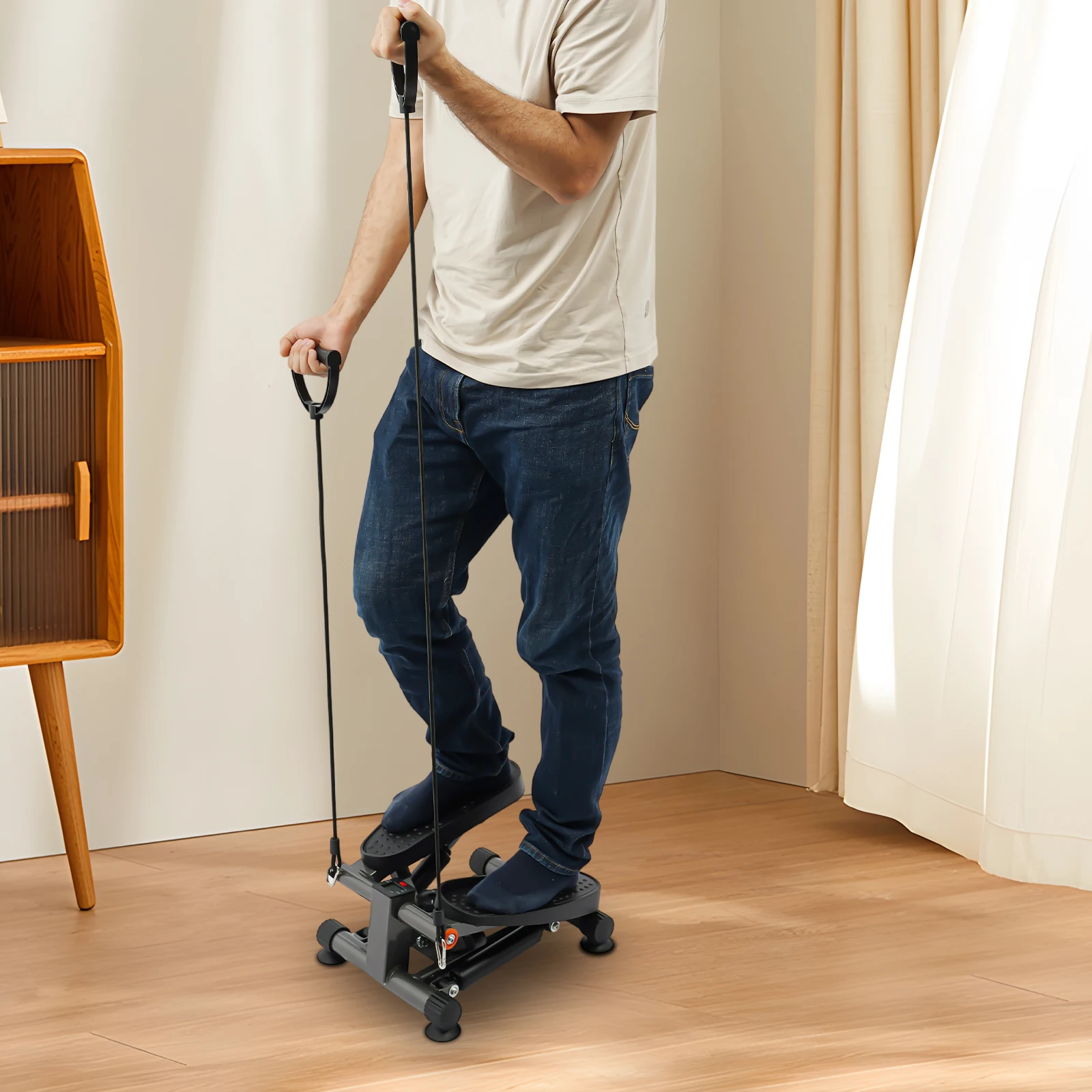 Mini-Drehschritt mit LCD-Display, hydraulischer Schrittmotor mit 2 abnehmbaren Seilen, Ganzkörper-Cardio-Übungsgerät für den Heimgebrauch