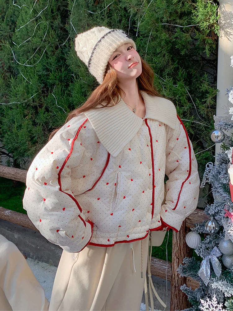 

Women's ort Quilted Jaet Winter Warm Fce Lined Embroidered Heart Knitted Stand Collar Casual Sle Padded Coat