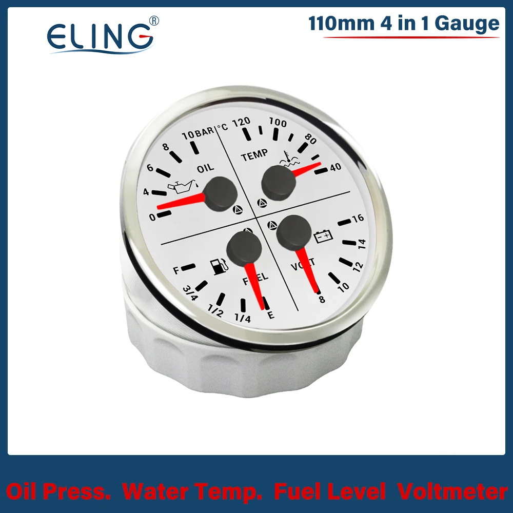 

ELING Universal 110mm 4 in 1 Gauge 0-150Psi 0-10Bar Oil Pressure Water Temp Fuel Level Voltmeter with Light Alarm for Car Boat