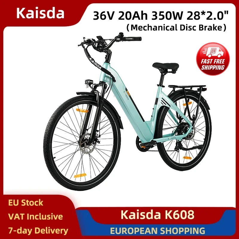 Vélo électrique Kaisda K608 à cadre bas pour adultes, pour des trajets quotidiens faciles, moteur 350W, batterie amovible 36V 20Ah, charge rapide 3A, pneus 28"x2.0", frein à disque mécanique 7 vitesses, vélo électrique urbain 35km/h
