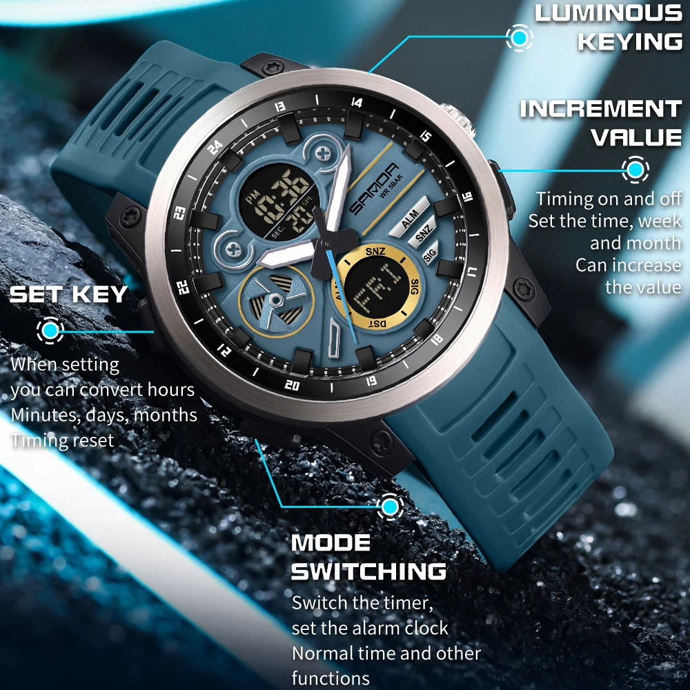 SANDA 3379 Men Sport Wristwatch TPU Strap Waterproof Quartz Watch Dual Display Digital LED Luminous Male Clock Relogio Masculino