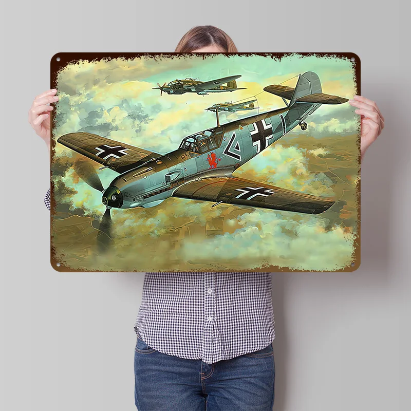 Bf109 Flugzeug-Poster, individuelle Wandkunst, Retro-Vintage-Metallblechschilder für Gaming-Raumdekoration, gemütliche Badezimmerdekoration