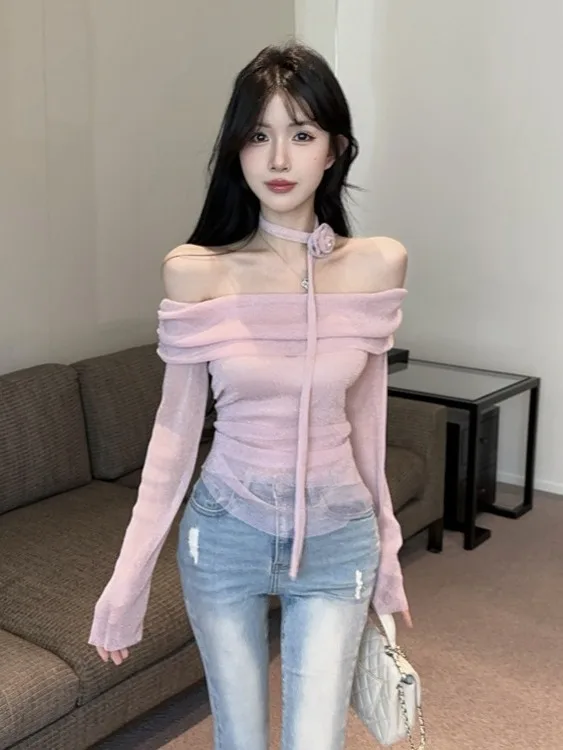 

Shiny Silk Rose Shoulder Bared Neck Hanging Women's Base Shirt Summer Slimming Sexy Waist Cinching Pure Desire Style Long Sleeve