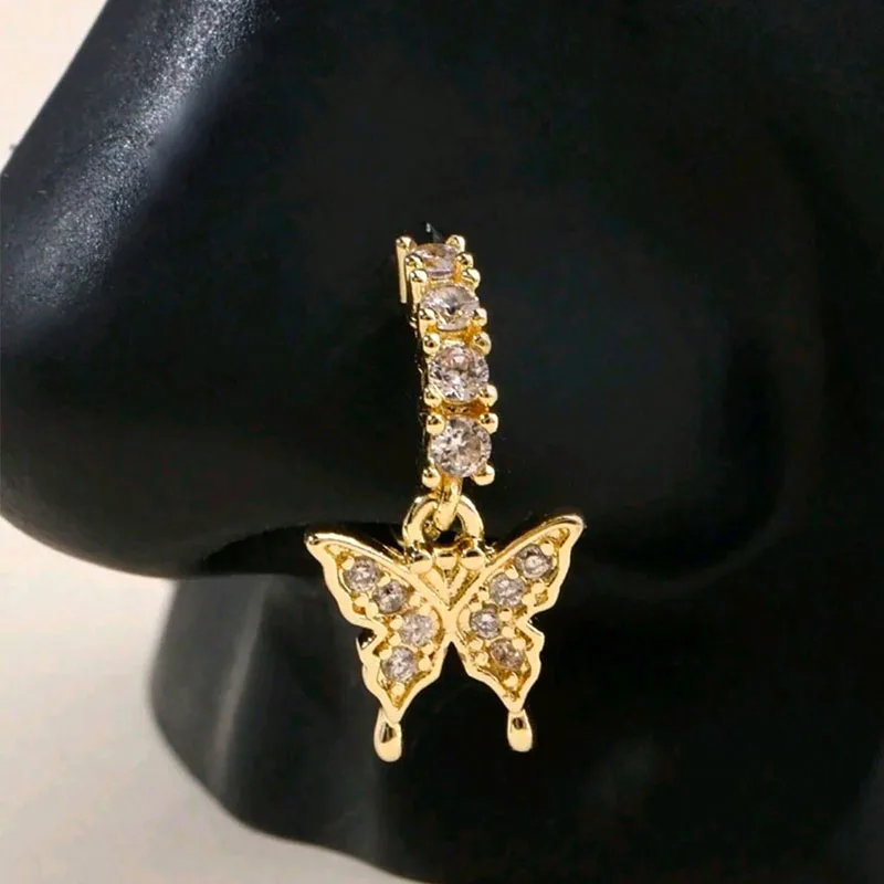 Gold Tone CZ Butterfly Hanging Nose Bone Stud, 20G Nose Screw Piercing Accessory for Mom Holiday Presents