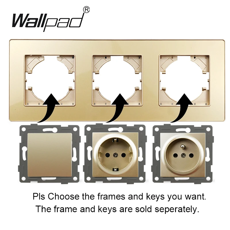 DIY Wall Electrical Socket EU French Plug, USB Type C Charging Ports, Gold Acrlic Glass Panel 1 2 3 Panel Gang, Wallpad L6