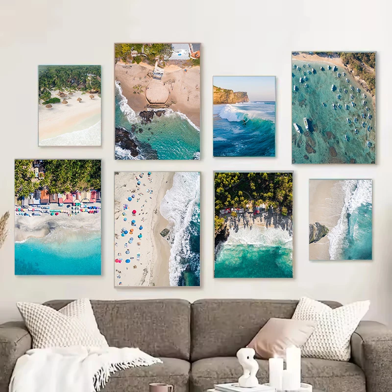 Sommer Ozean Meereswellen Druck Poster Strand Surfbrett Leinwand Gemälde Tropische Reise Urlaub Nordische Wandkunst Bild Heimdekoration