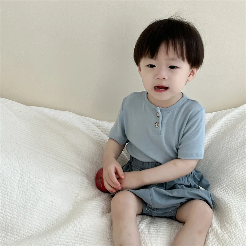 

T-Shirts Boys Two Pieces Thin Short Sleeved Summer Korean Childrens Clothing Baby 2024 Round Collar Simple Fashion