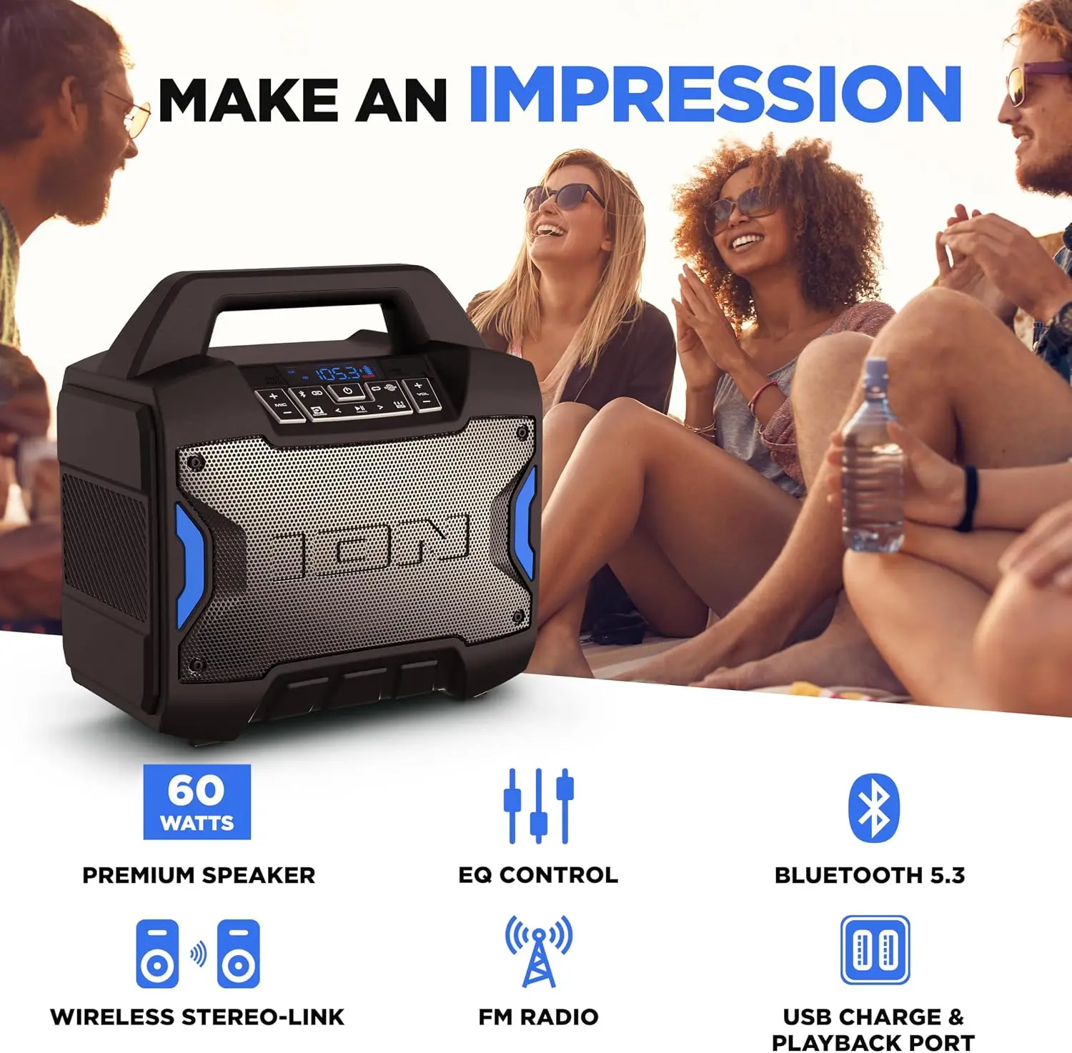 Portable Outdoor Bluetooth Speaker, 60W, Water-Resistant, with Radio, Mic Input, USB Charging, Stereo Pairing, Bass Boost & App Control - Ideal for Parties and Outdoor Events