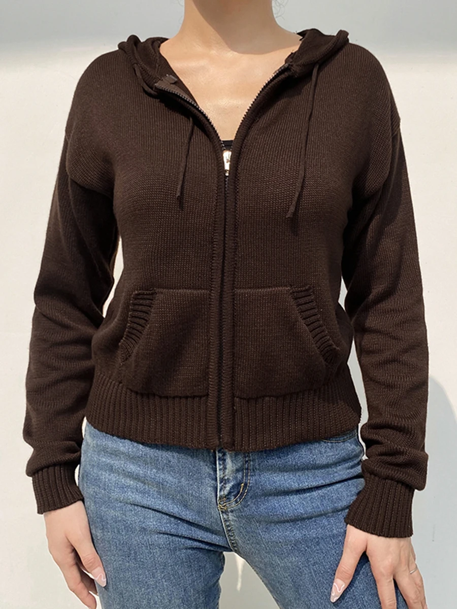 Women’s Full Zip Knit Hoodies Casual Solid Color Long Sleeve Drawstring Sweatshirts