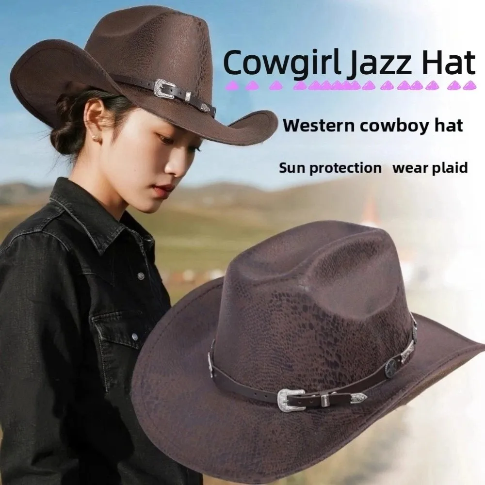 

Gentleman Ethnic Style Western Cowboy Hat Serpentine Wide Brim Cowgirl Jazz Hat Roll Brim Polyester Visor Caps Sun Protection