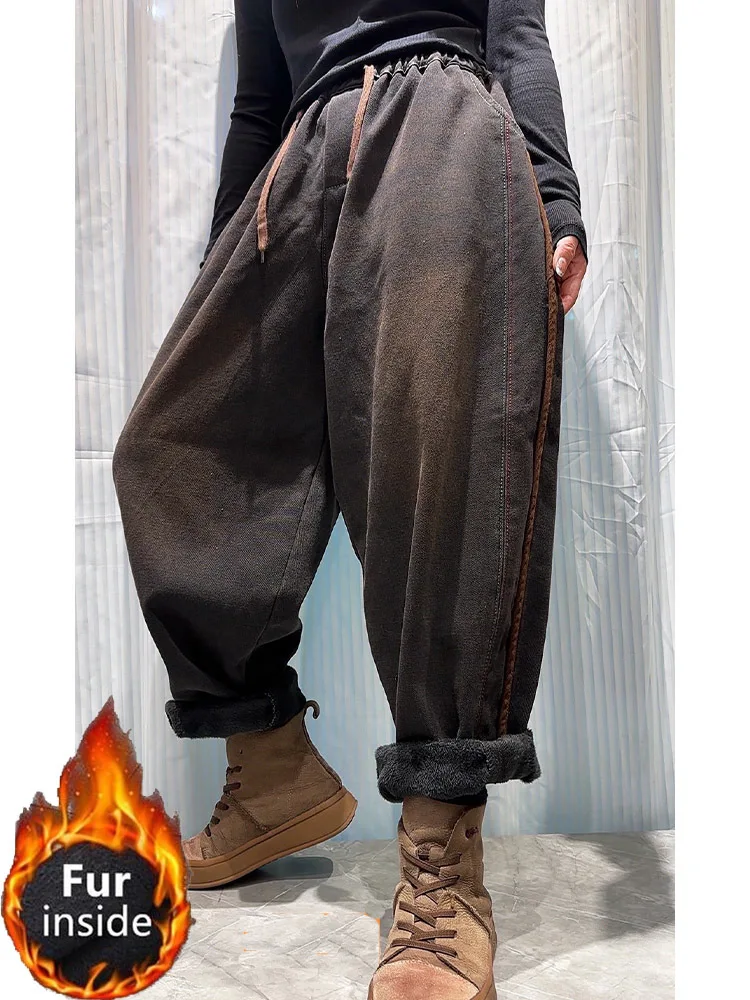 Amax LuluE 2025 الشتاء الكلاسيكية خمر الفراء الدنيم السراويل النساء الصلبة فضفاض جينز غير رسمي السيدات موضة رشاقته الدافئة الحريم بنطلون