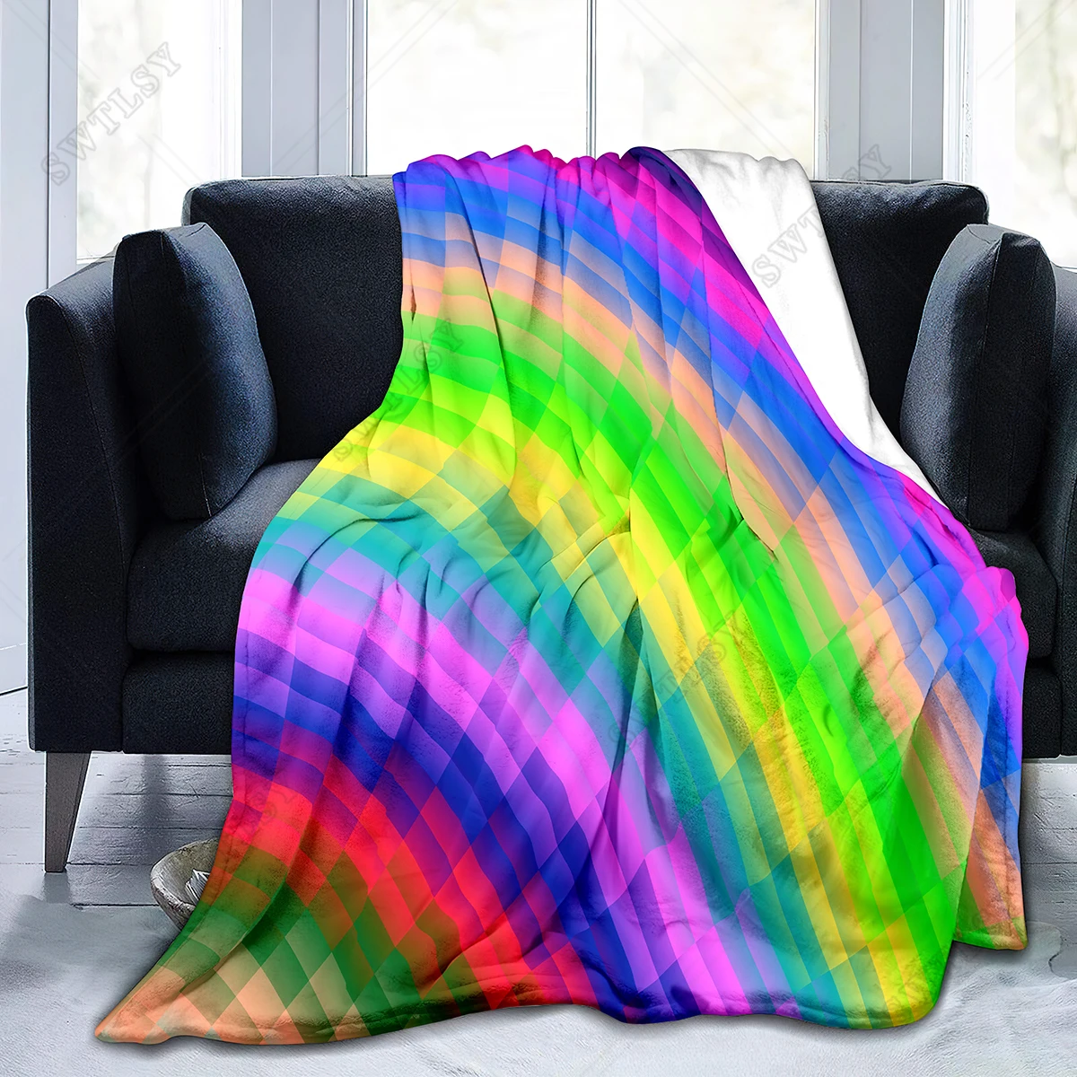 Rainbow Flannel Throw Blanket Colourful Line Pattern King Queen Full Size Blanket for Sofa Couch Bed Super Soft Lightweight Warm