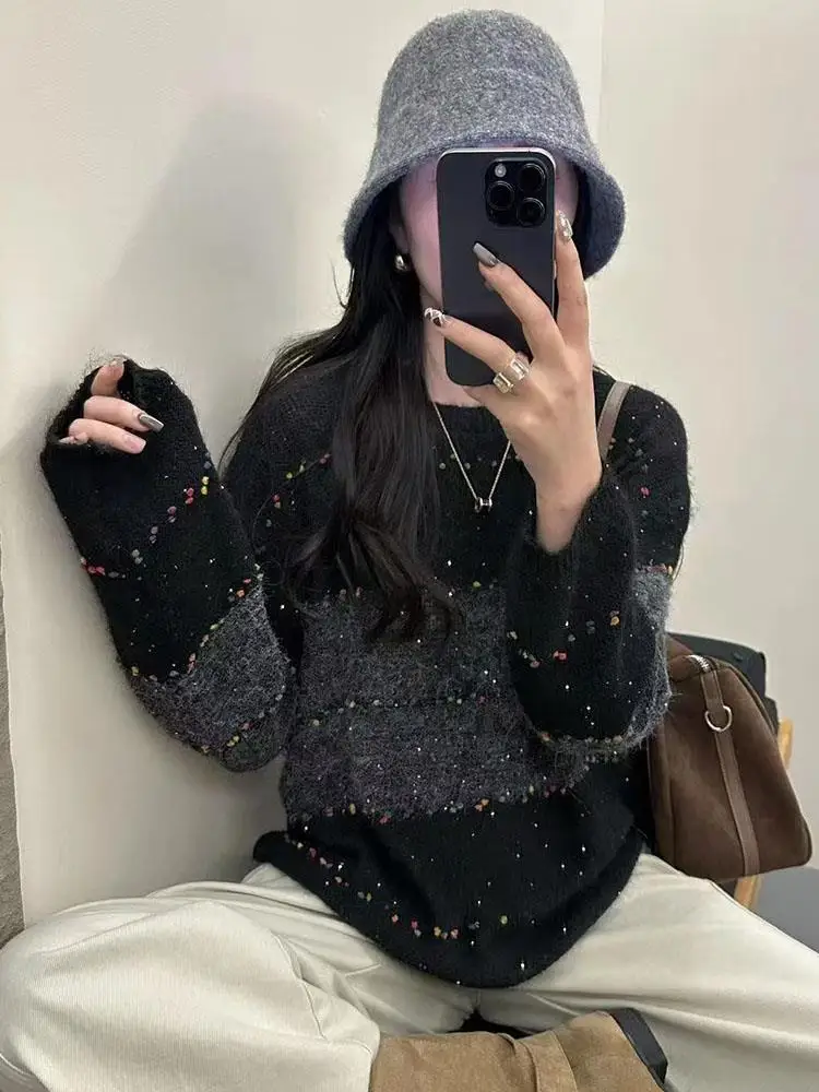 

Свободный крой, круглый вырез, трикотажная кофта для женщин, дизайнерская модель, осень-зима, новинка, корейская версия, стройнящая, универсальная, с длинным рукавом