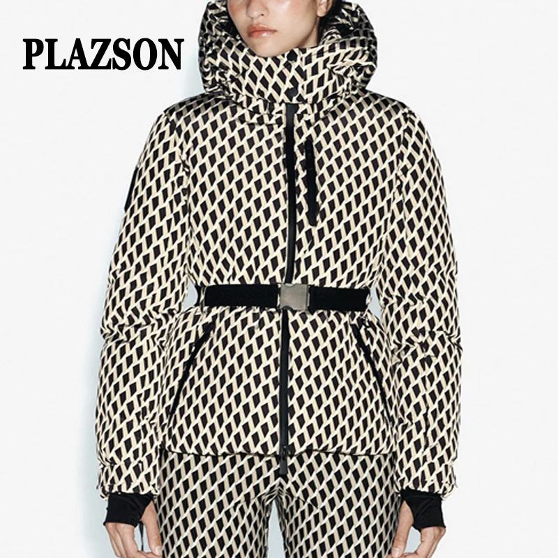 PLAZSON Hooded Women's Jacket With Belt Winter Thicken Warm Windproof Coat Stand Collar Pocket Sports Ski Outdoor Outerwears