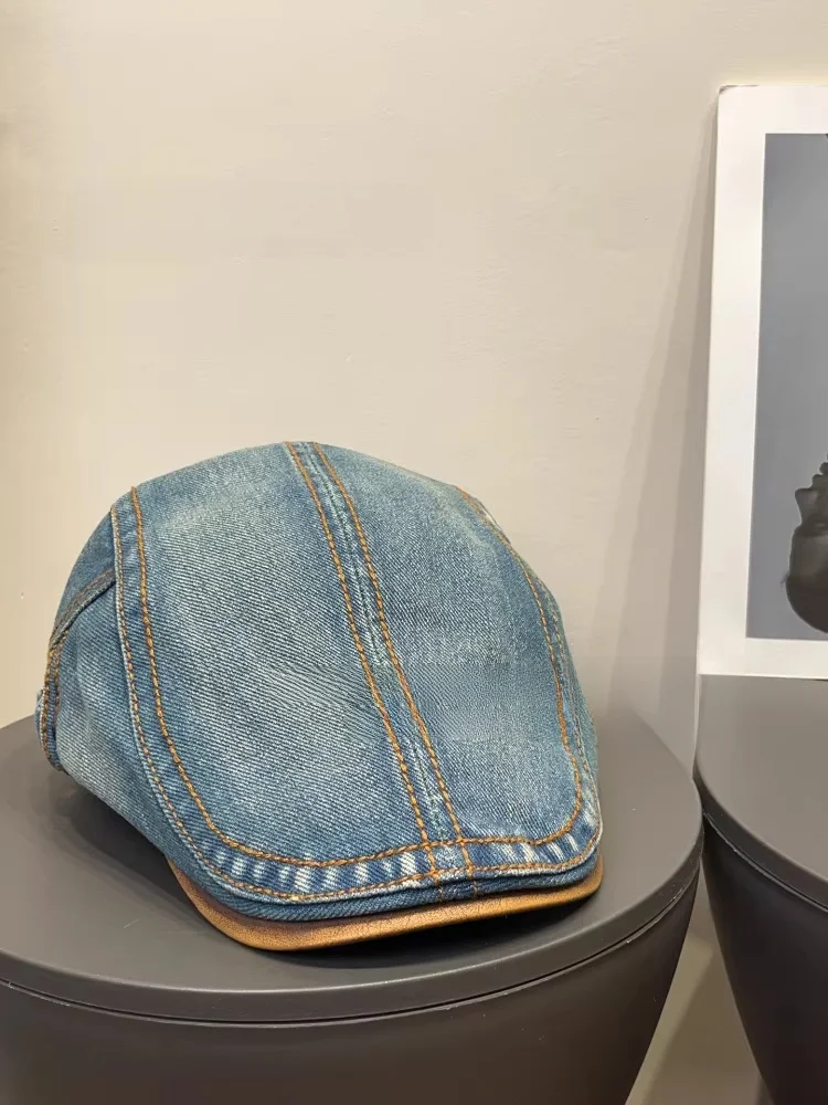 retro-denim-washed-duckbill-pu-beret-hat-women-spring-summer-versatile-sun-protection-face-slimming-flip-forward-cap