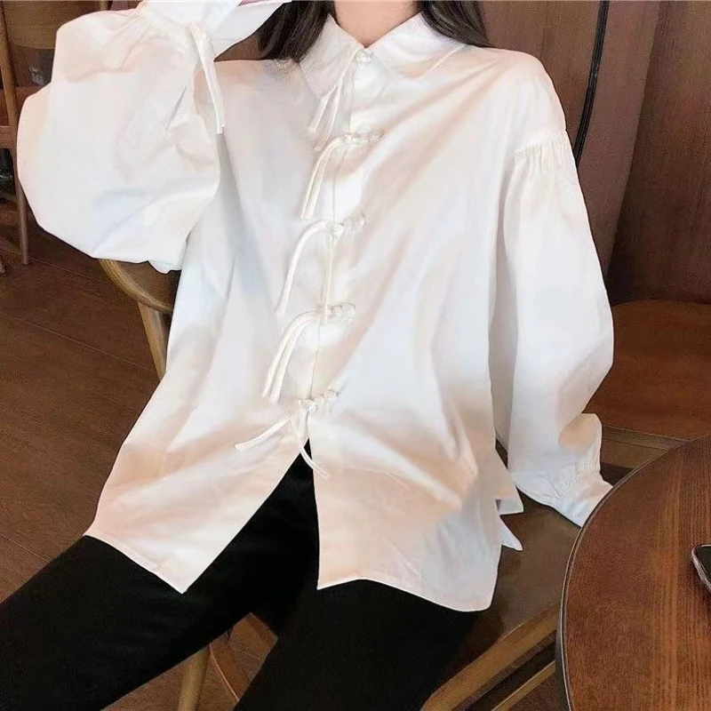 Korean Style White Shirts for Women Loose Vintage Button High Street Fashion Graceful Lantern Sleeve Tops BF Lovely Youth Chic