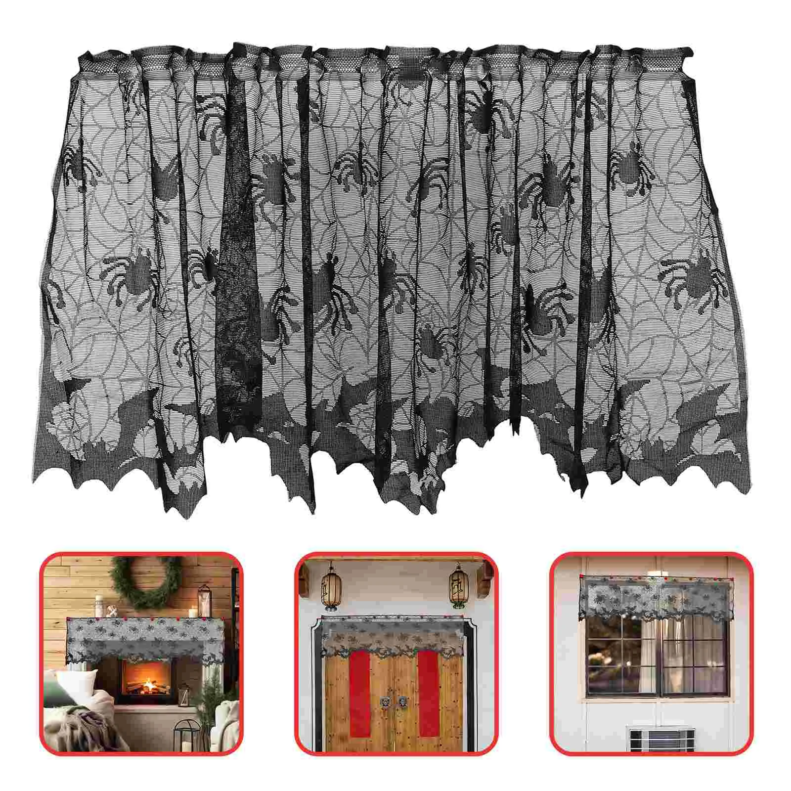 Halloween Lace Window Curtain Fireplace Cloth Decor Outdoor Decoration Curtains Spider Web Bats and Patterned