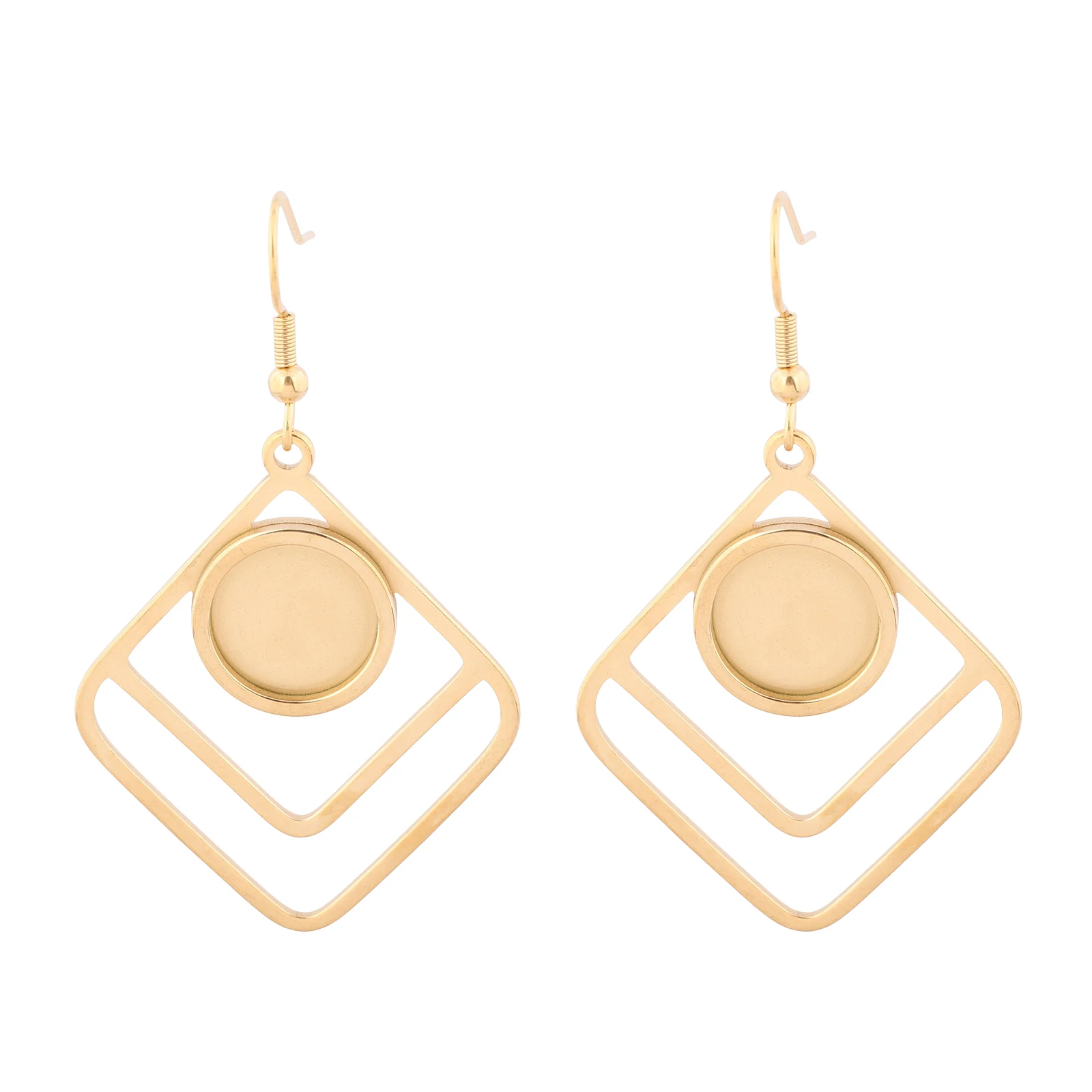 6pcs Stainless Steel Double Square Frame Earring Base Blanks Gold Plated Diy 12mm Cabochon Earrings Bezel Setting Trays