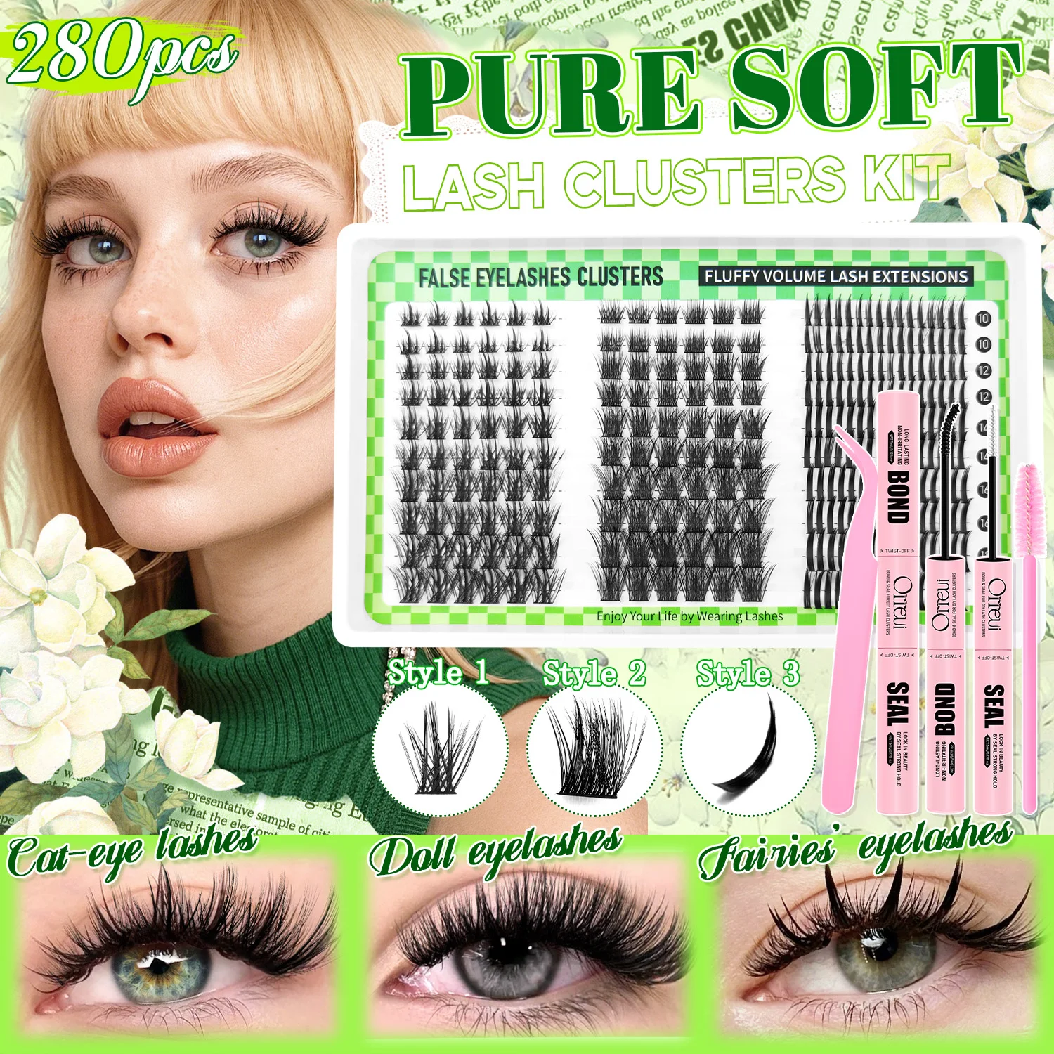 280PCS Lash Clusters Kit 3 Styles Cat Eye Doll Fairy Lashes 10-18mm Mixed Length DIY Eyelash Extensions with Bond Seal Tweezers