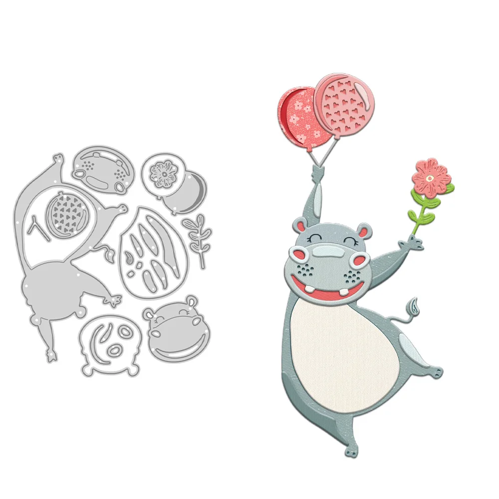 MangoCraft Funny Hippo With Balloon Flower Cutting Dies DIY Scrapbooking Supplies Metal Dies Knife Mold For Cards Albums Decor