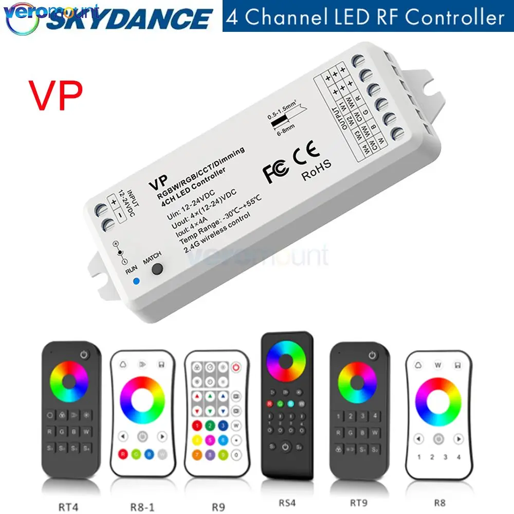 

Skydance VP 4CH LED Controller DC12V 24V 15A PWM Wireless 4-Zone 2.4G RF Remote Controller for Single Color WW/CW RGB RGBW Strip