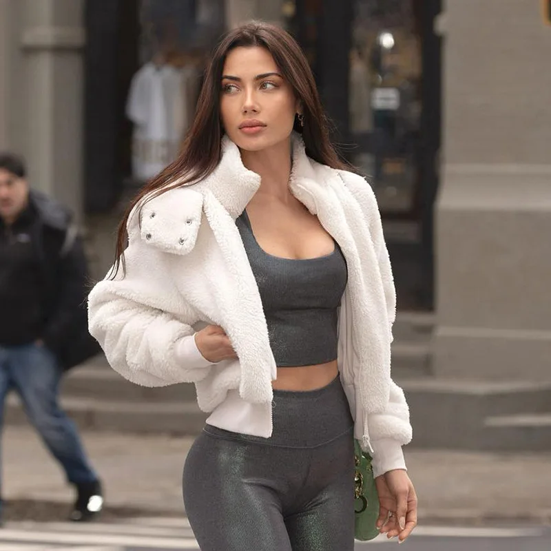 Autumn and winter coat pure white casual lazy style lamb wool top fashionable zipper short cardigan loose sweatshirt