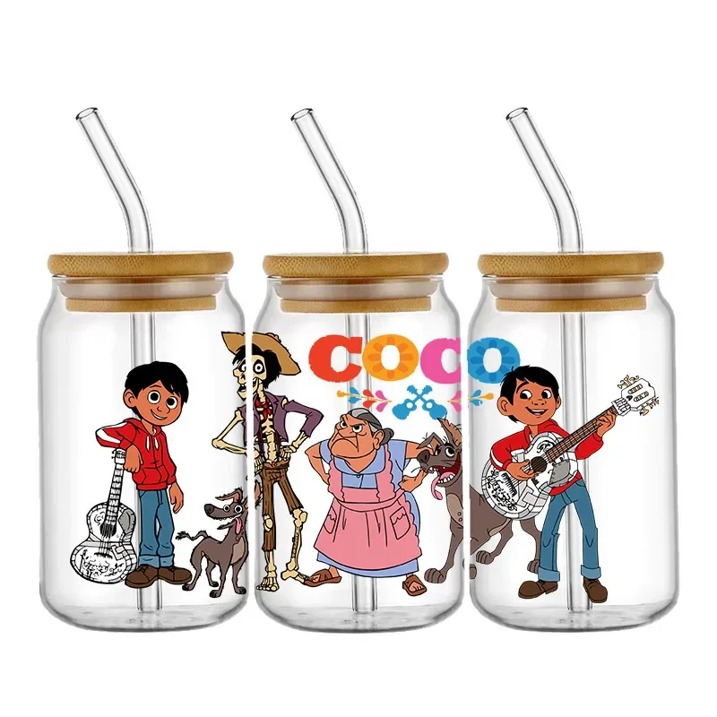 Disney Coco Film UV DTF Transfer Stickers Cartoon For 16oz Glass Libbey Cup Wraps Can Selfadhesive Waterproof Decals Wraps