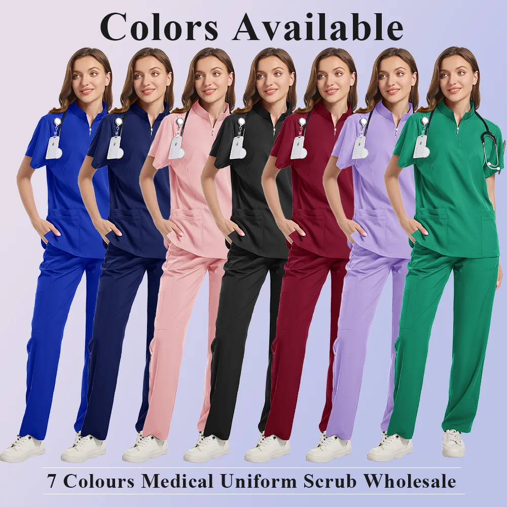 여성용 4 포켓 지퍼 넥 반소매 스크럽 탑 간호사 유니폼 여성 남성 의료 간호사 액세서리 병원 의사 유니폼