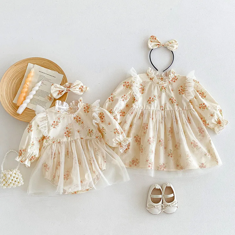 

​​2025 Fall Baby Girl Outfit Sweet Cute Toddler Romper Kids Tulle Dress Set Long Sleeve Sister Matching Clothes 0-24 Months