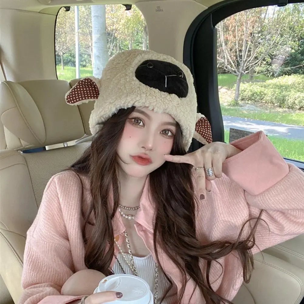 Cartoon Lamb Hat Cute Cartoon Lamb Head Winter Hat with Thick Fleece for Women Cozy Ear Dome Cap for Outdoor