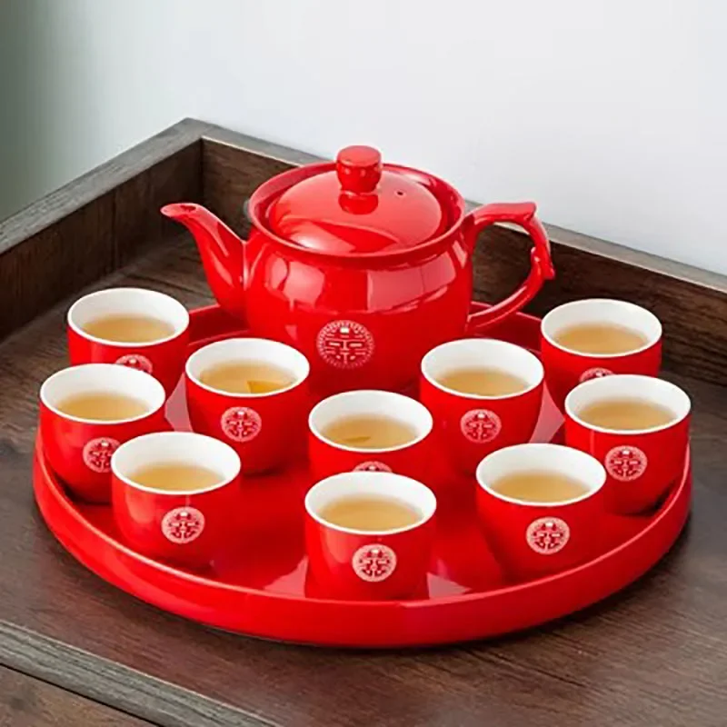 

Chinese Traditional Red Porcelain Tea Pot Set, Teacup, Boutique Teaware, Wedding Accessories
