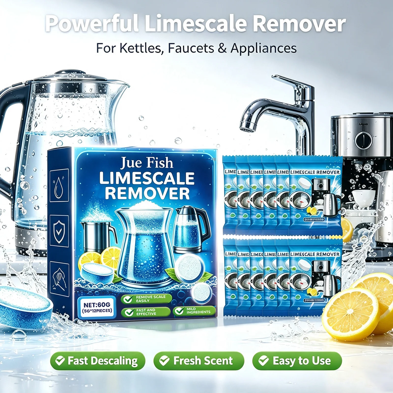 12 Pack Kettle Descaling Tablets Remove Stubborn Limescale Dirt Effervescent Cleaner for Home Kitchen Stainless Steel Cookware