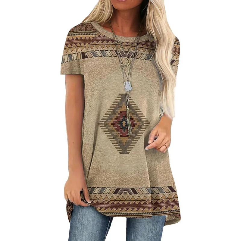 Zachodni etniczny styl T-shirt 3D nadruk geometria Streetwear kobiety Retro tunika T-shirty Y2K topy Tees kobieta dziewczyna szeroka odzież — zdjęcie 4