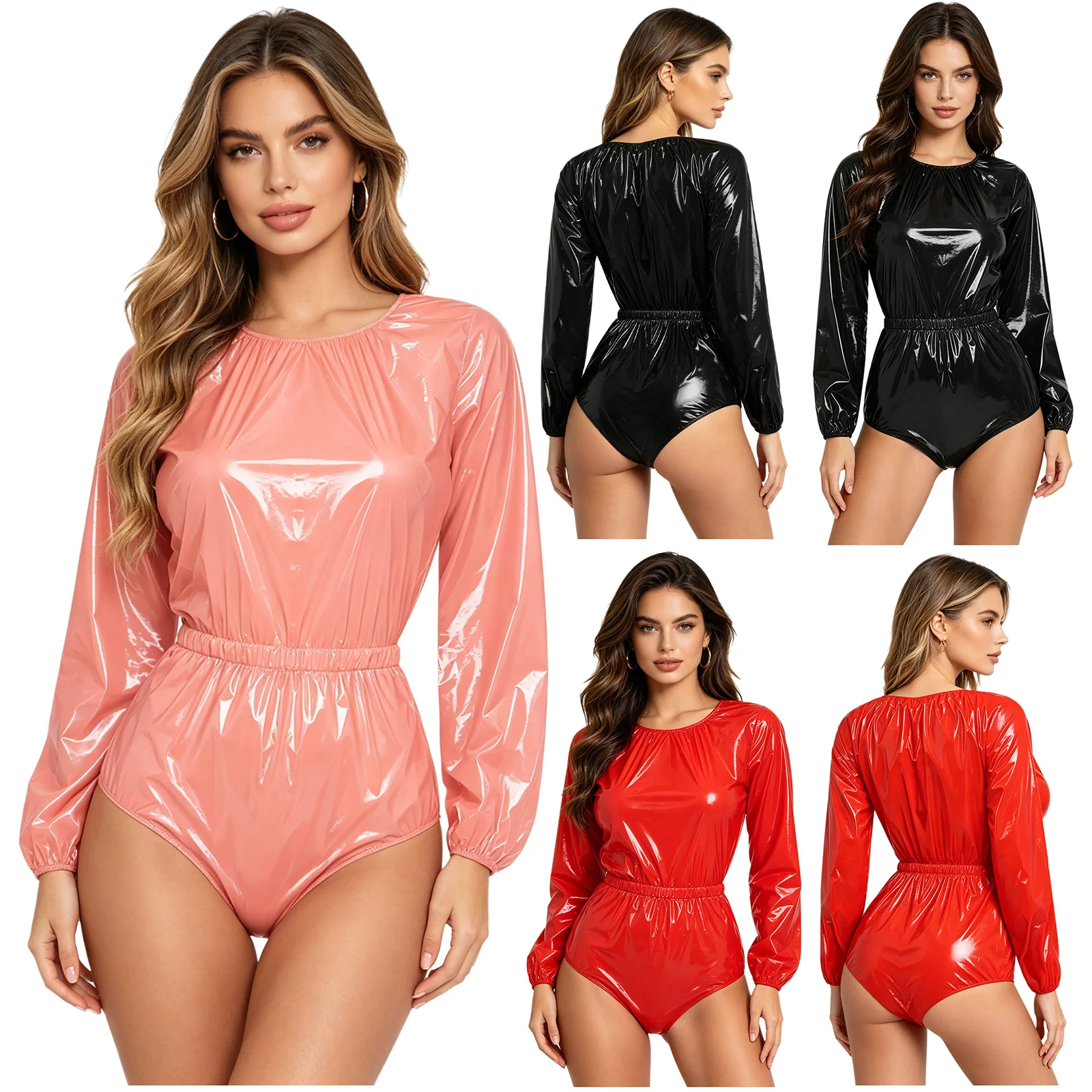 

Women Waterproof Leakproof Diaper Over Adaptive Special Needs Clothing Glossy Long Sleeve Elastic Waist Button Crotch Bodysuit