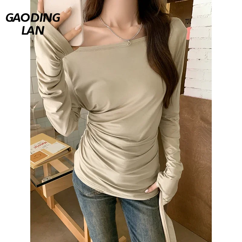 Pure Desire Slightly Transparent Long Sleeve Women Tops Autumn Winter Sexy Skew Neck Solid Tshirts Female Slim Waist Bottom Tees