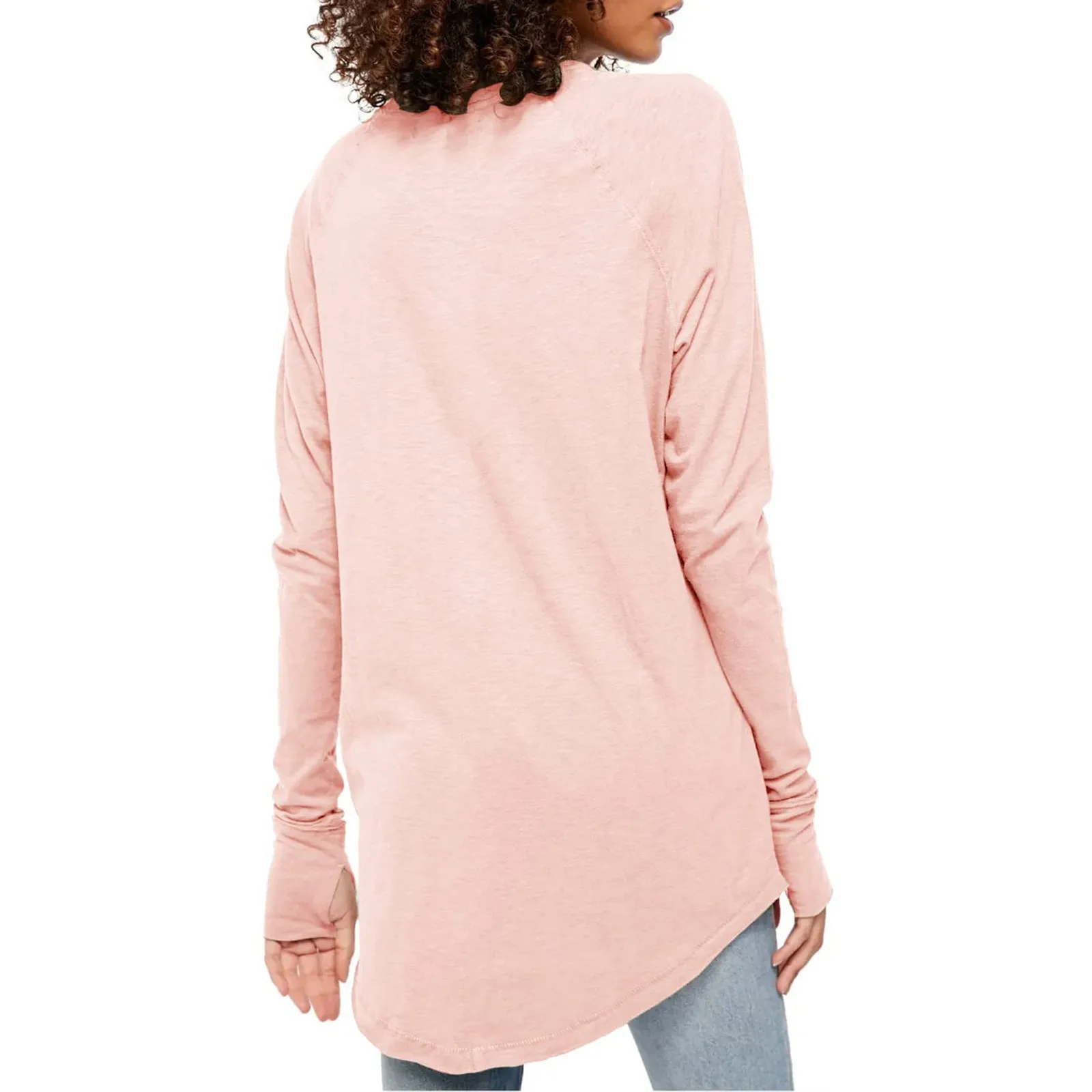 Women\'s T-Shirt Solid Round Neck Loose Long Sleeve Medium Length Comfy Thumb Hole Shirts Basic Stretch Layer Thumb T-shirt Top