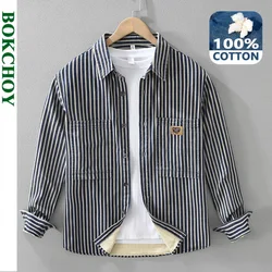 Vintage Cargo Striped 100% Cotton Shirts for Men Clothing Long Sleeve Big Pockets Soft Men Shirts CM7506