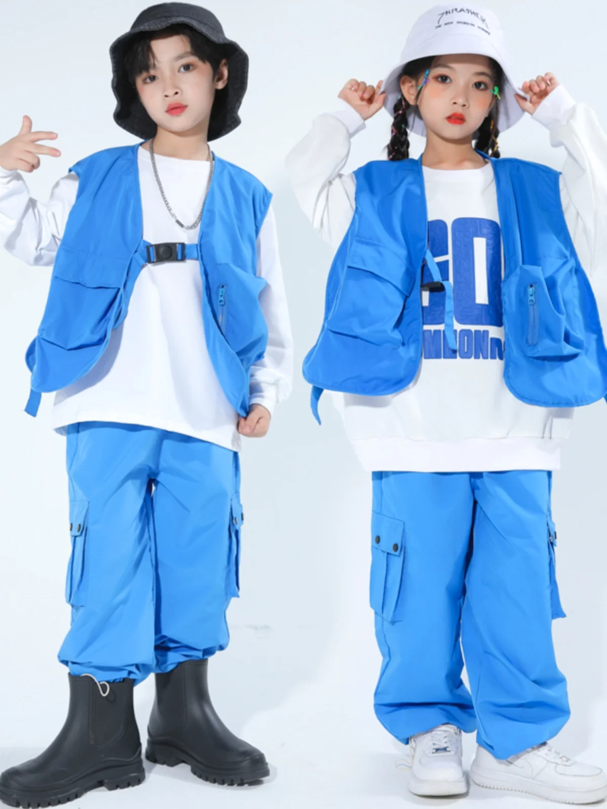 2023 New Jazz Modern Dance Costumes For Kids Blue Vest Hiphop Pants Suit Girls Hip Hop Dance Performance Stage Clothes DQS14496