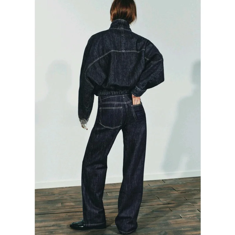 

Fall New Batwing Sve Denim Jaet Outerwear 872727 Low Waist Wide Leg Jeans 8727220 Casual Sle Long Sve Adult Women'...